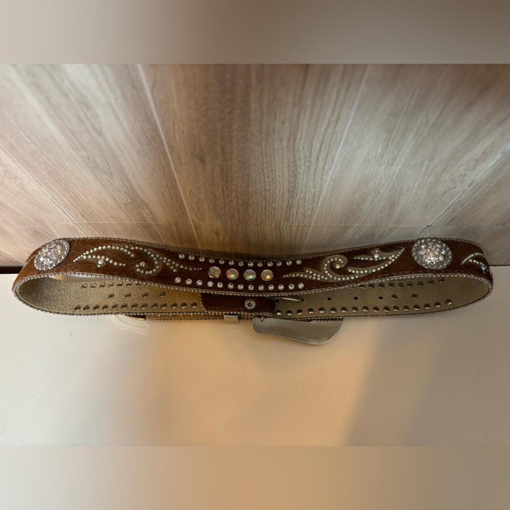 Nocona Genuine Leather Calf Hair on Hide Rhinestone Belt Rodeo Western Bling - Picture 3 of 16